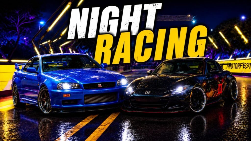 Nissan GT-R Mazda MX-5 night racing in Motorfest